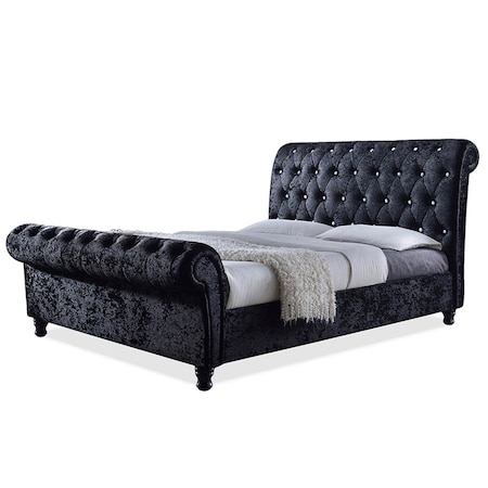 Baxton Studio Castello Velvet Upholstered Crystal-Buttoned Sleigh King Platform Bed 118-6338